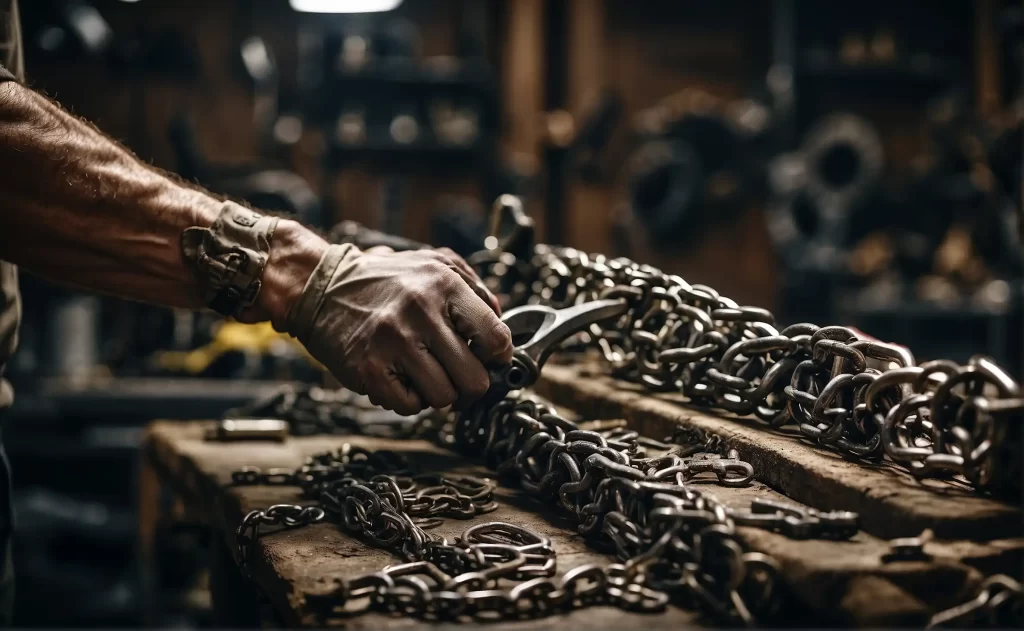 A mechanic carefully removing a link from a chainsaw chain