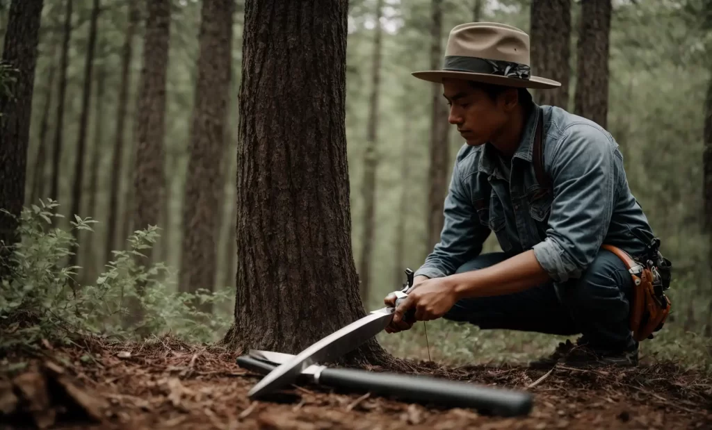 an individual is cutting down a small tree using hatchet