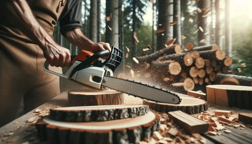 Cut Wood Slices With Chainsaw