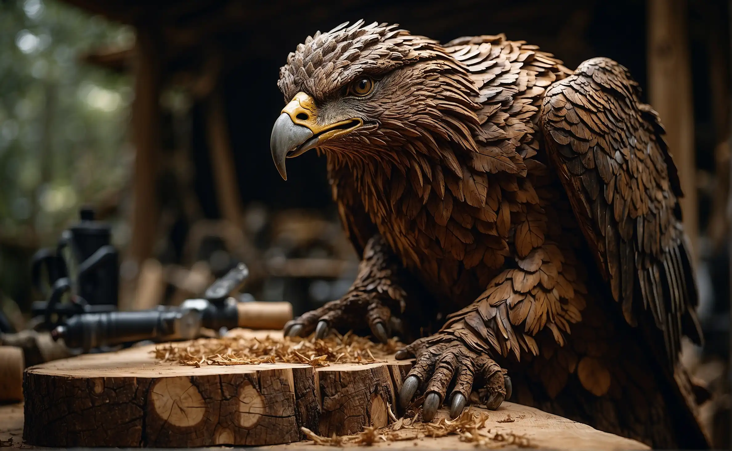 Chainsaw Carve, a skillful artist meticulously carving a majestic eagle from a large oak log