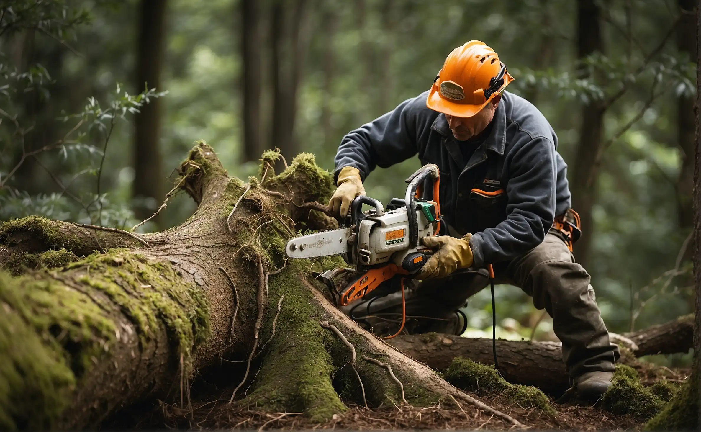 cutting tree roots with a chainsaw